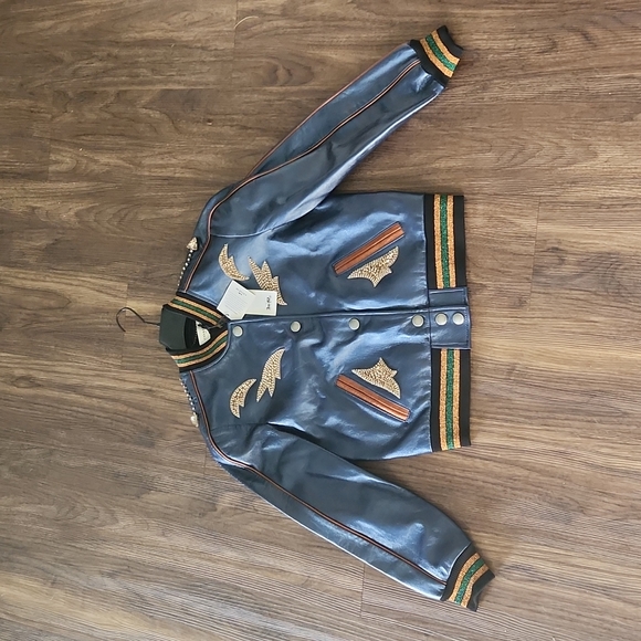 NWT Coach Shrunken Leather Varsity Jacket In Metallic Cadet Blue - Picture 6 of 17